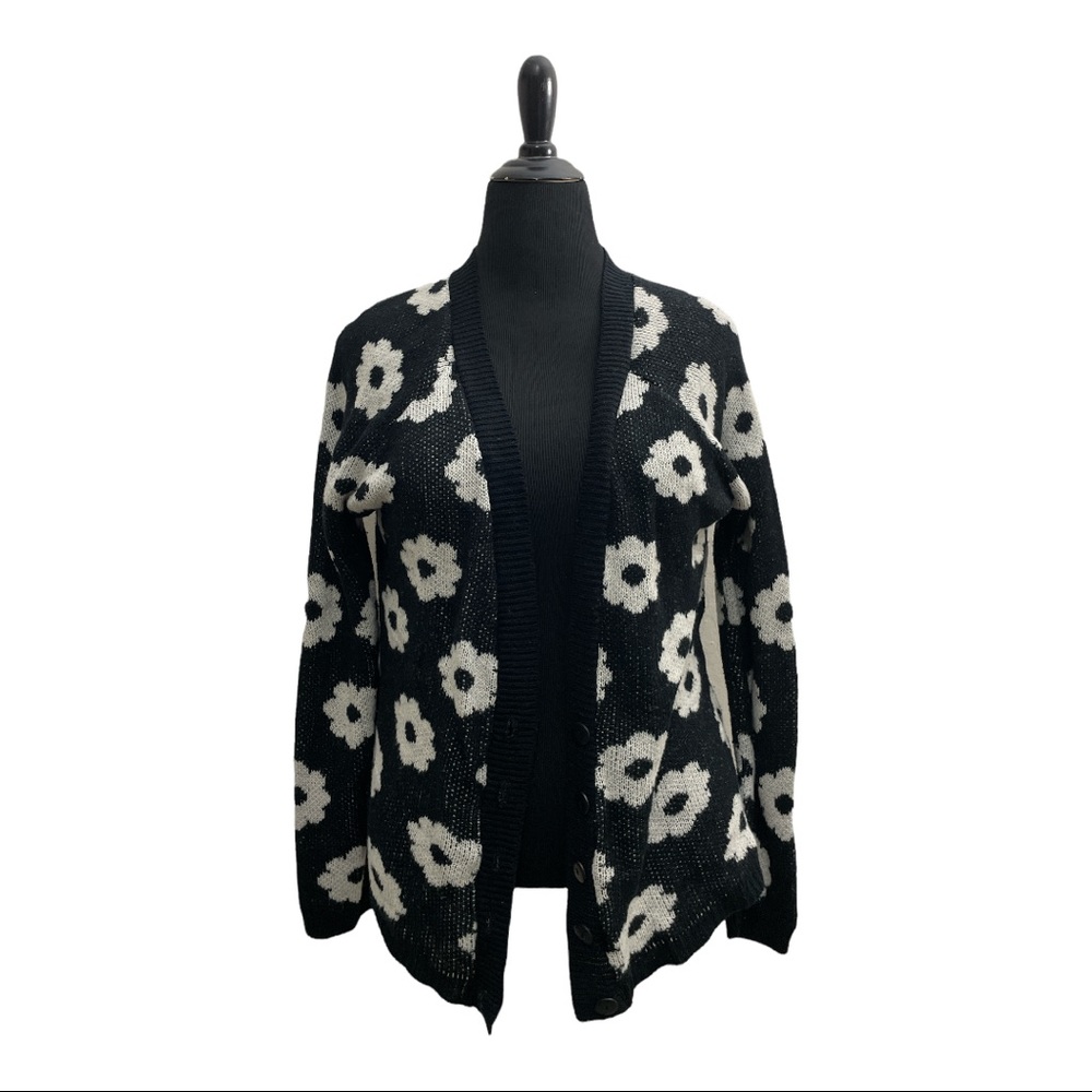 Black Flower Print Cardigan Sweater
